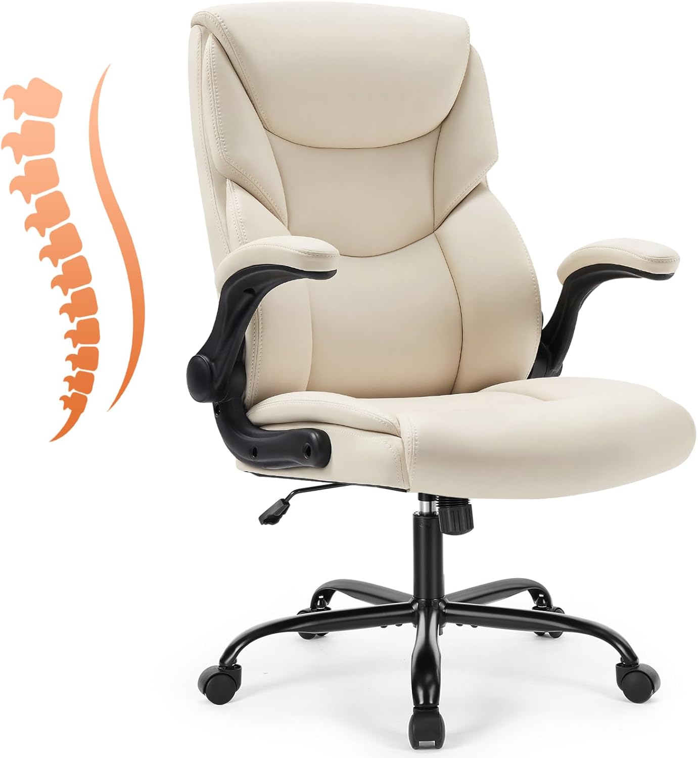 Sweetcrispy Ergonomic Computer Gaming Office Chair, Heavy Duty Task Desk Swivel Rolling Chairs with Wheels, Flip-up Arms, Adjustable Height, PU Leather, Black