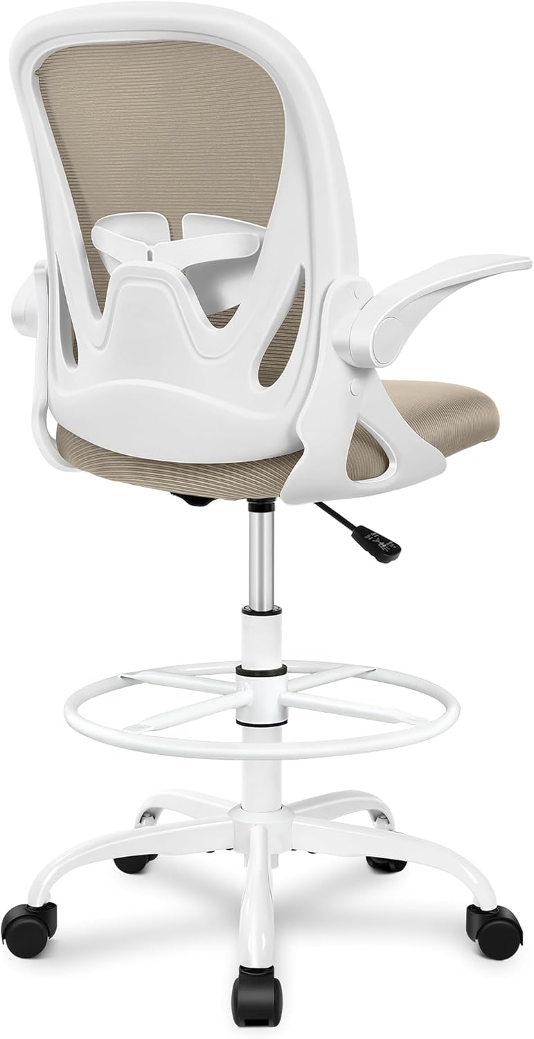 Primy Drafting Chair Tall Office Chair with Flip-up Armrests Executive Ergonomic Computer Standing Desk Chair with Lumbar Support and Adjustable Footrest Ring (Black)