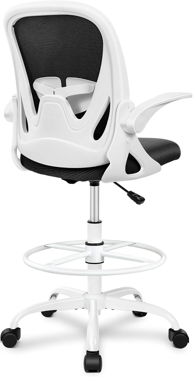 Primy Drafting Chair Tall Office Chair with Flip-up Armrests Executive Ergonomic Computer Standing Desk Chair with Lumbar Support and Adjustable Footrest Ring (Black)