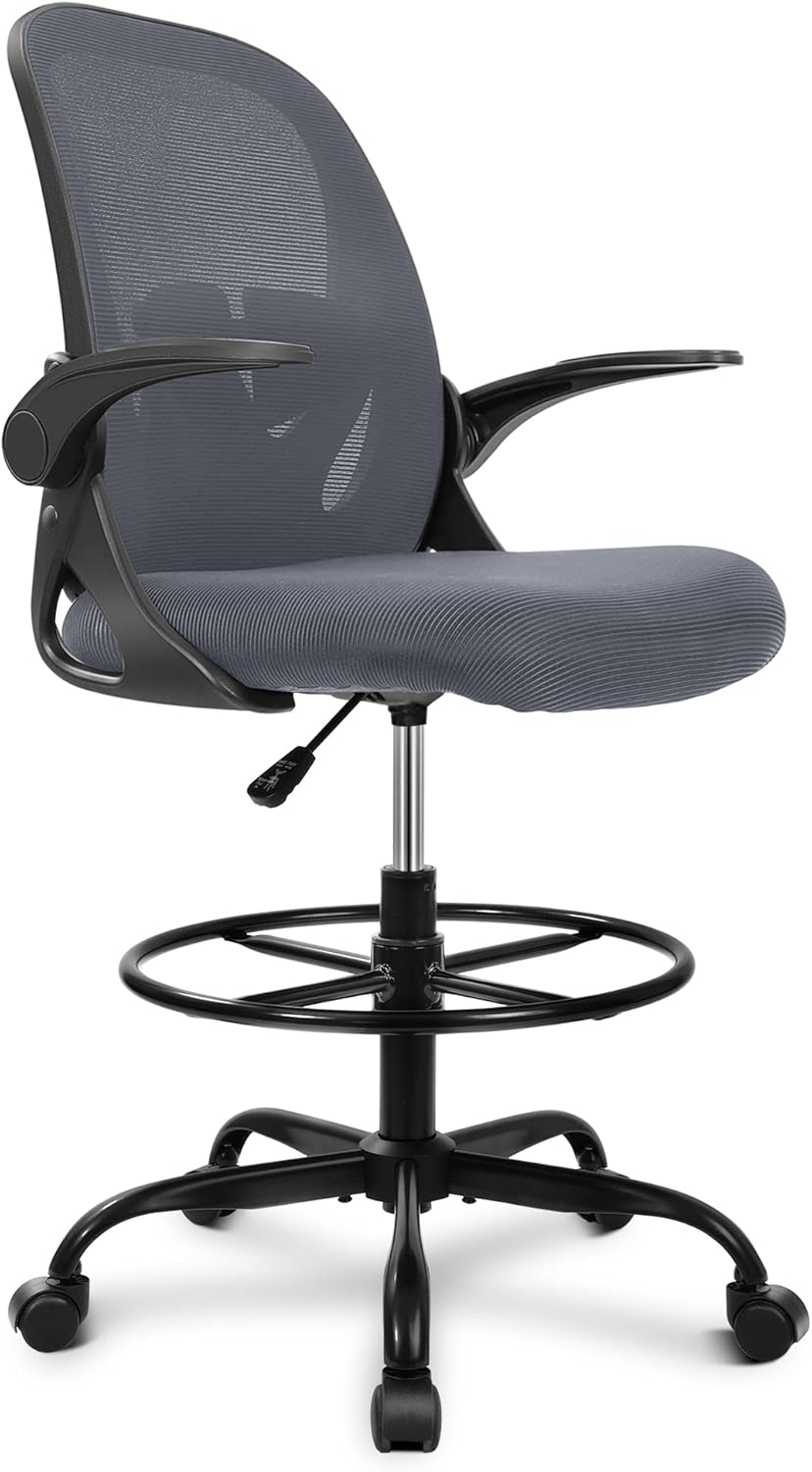 Primy Drafting Chair Tall Office Chair with Flip-up Armrests Executive Ergonomic Computer Standing Desk Chair with Lumbar Support and Adjustable Footrest Ring (Black)