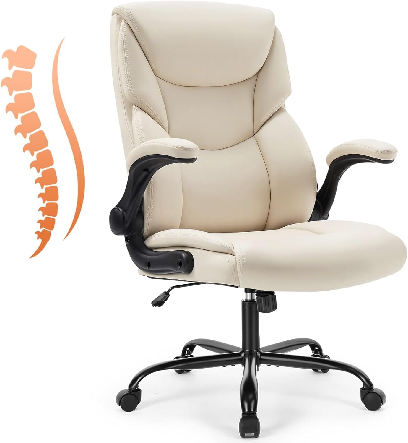 Sweetcrispy Ergonomic Computer Gaming Office Chair, Heavy Duty Task Desk Swivel Rolling Chairs with Wheels, Flip-up Arms, Adjustable Height, PU Leather, Black
