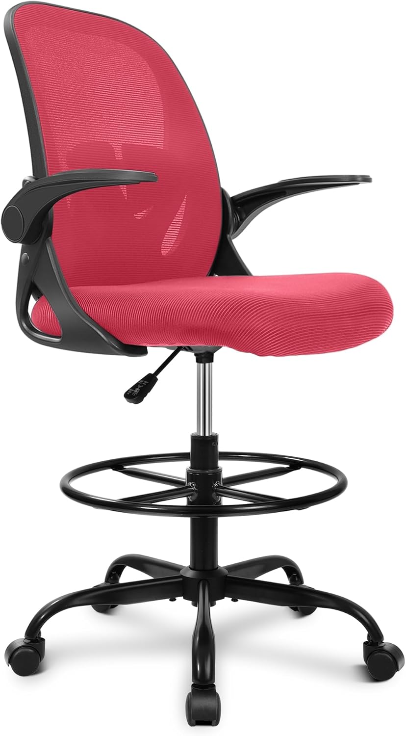 Primy Drafting Chair Tall Office Chair with Flip-up Armrests Executive Ergonomic Computer Standing Desk Chair with Lumbar Support and Adjustable Footrest Ring (Black)