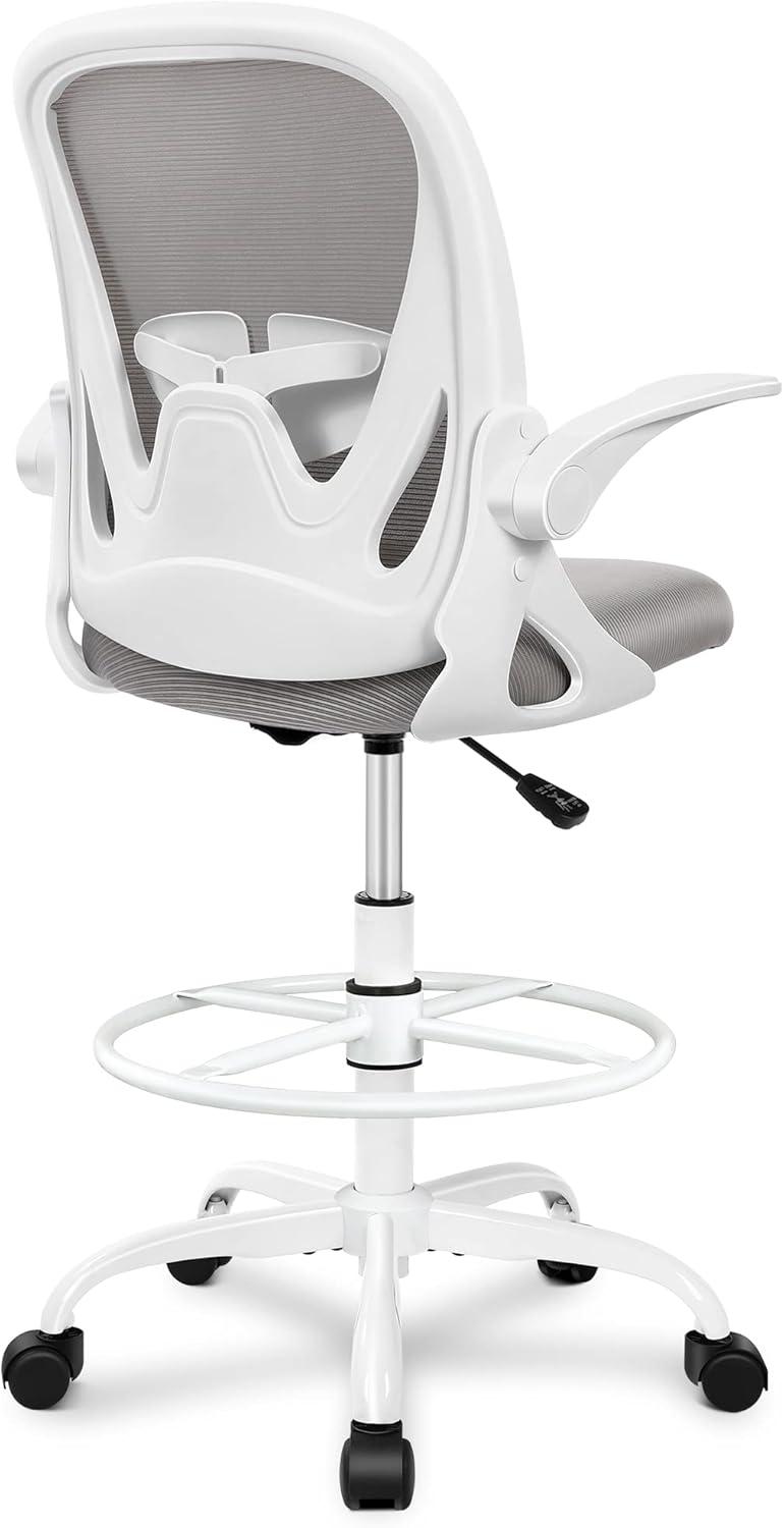 Primy Drafting Chair Tall Office Chair with Flip-up Armrests Executive Ergonomic Computer Standing Desk Chair with Lumbar Support and Adjustable Footrest Ring (Black)