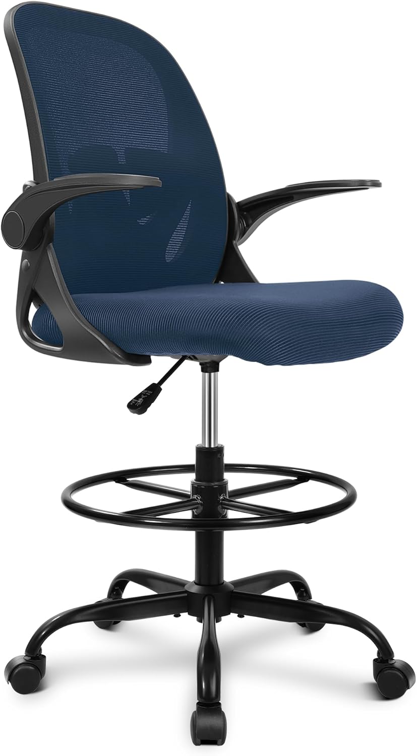 Primy Drafting Chair Tall Office Chair with Flip-up Armrests Executive Ergonomic Computer Standing Desk Chair with Lumbar Support and Adjustable Footrest Ring (Black)