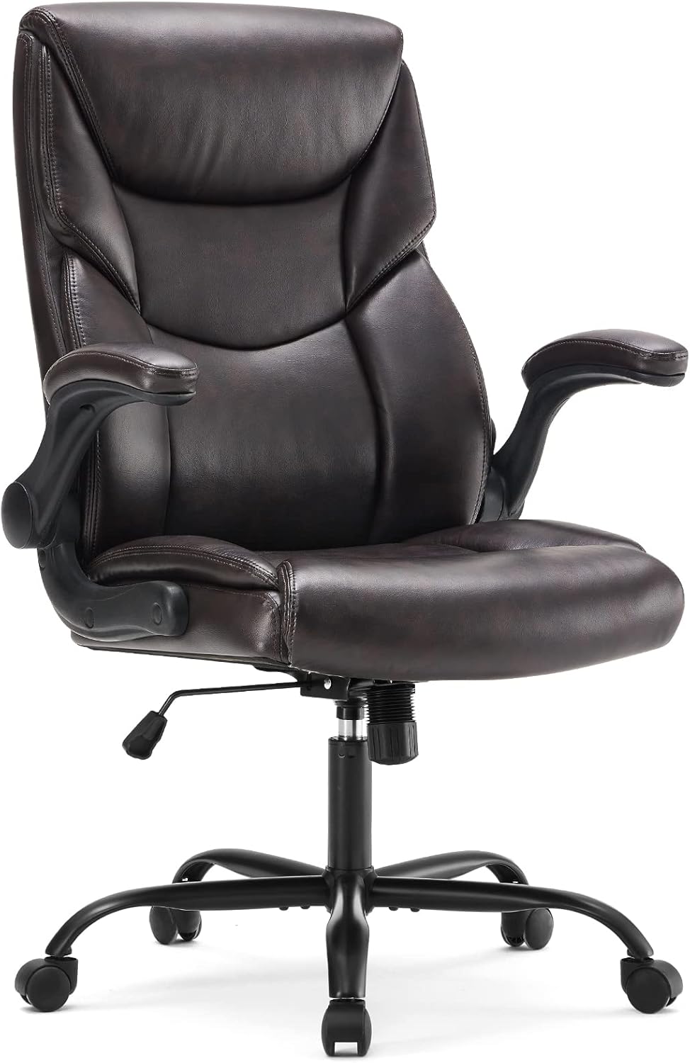 Sweetcrispy Ergonomic Computer Gaming Office Chair, Heavy Duty Task Desk Swivel Rolling Chairs with Wheels, Flip-up Arms, Adjustable Height, PU Leather, Black