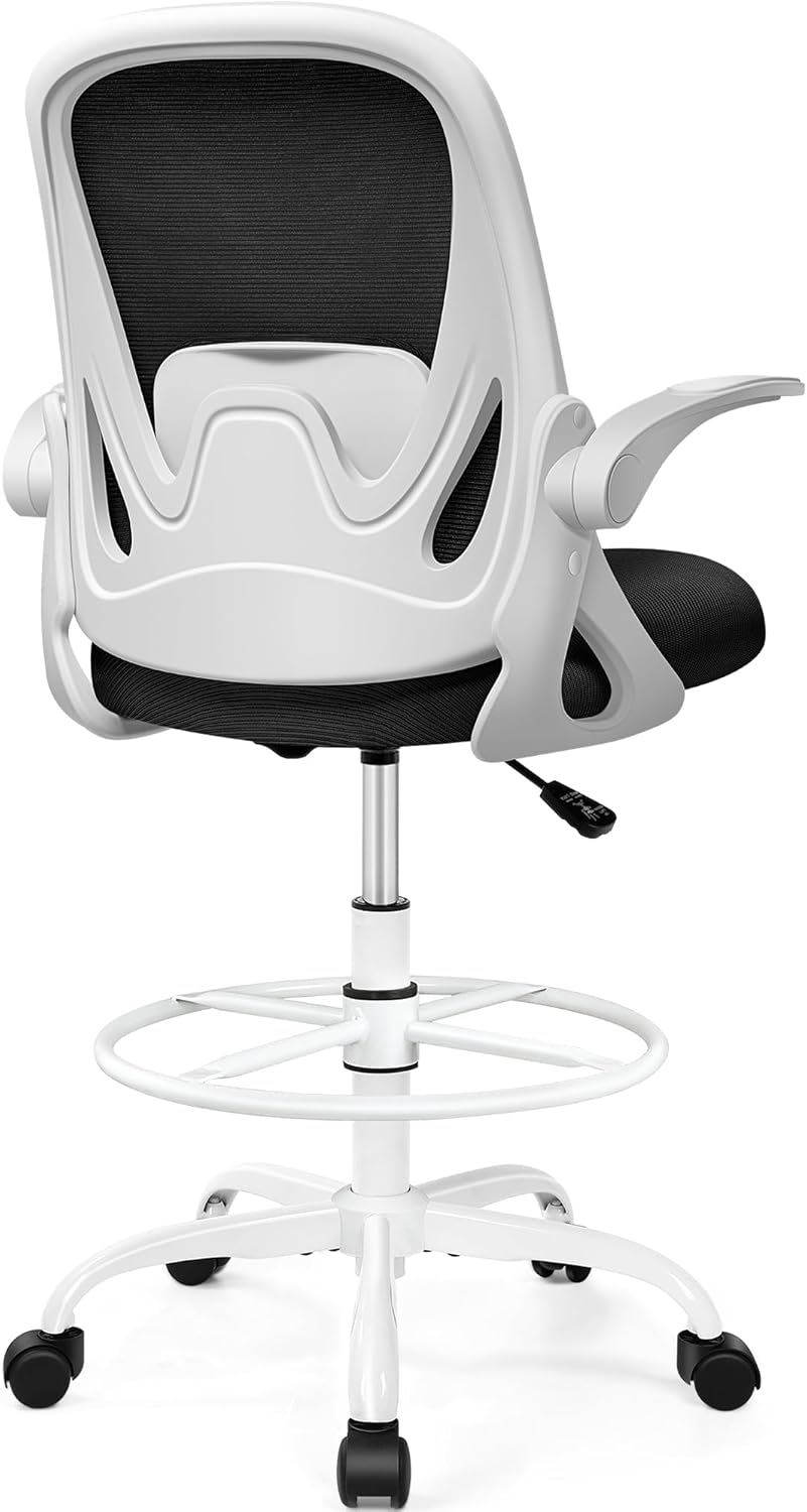 Primy Drafting Chair Tall Office Chair with Flip-up Armrests Executive Ergonomic Computer Standing Desk Chair with Lumbar Support and Adjustable Footrest Ring (Black)