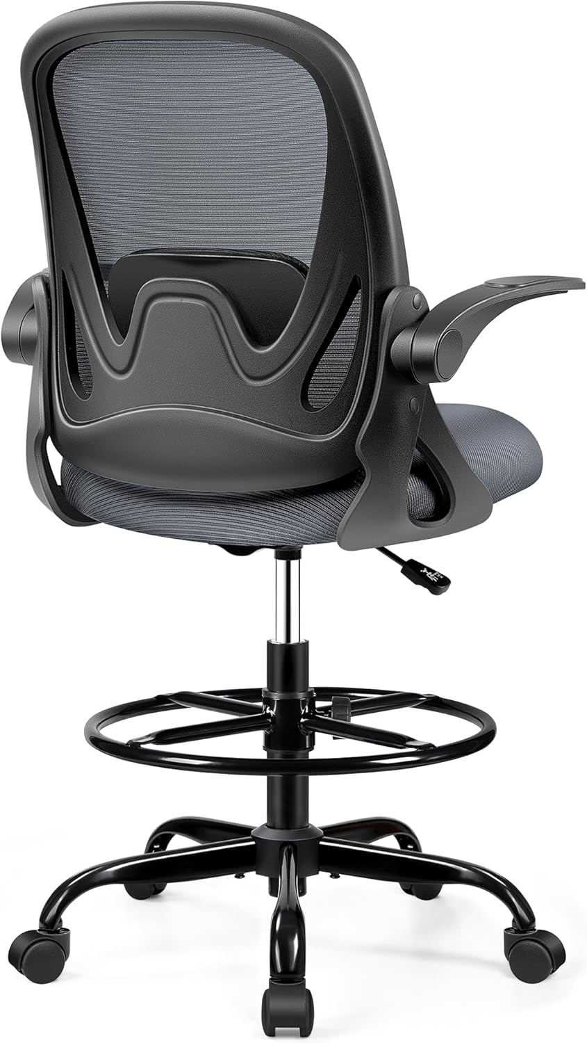 Primy Drafting Chair Tall Office Chair with Flip-up Armrests Executive Ergonomic Computer Standing Desk Chair with Lumbar Support and Adjustable Footrest Ring (Black)