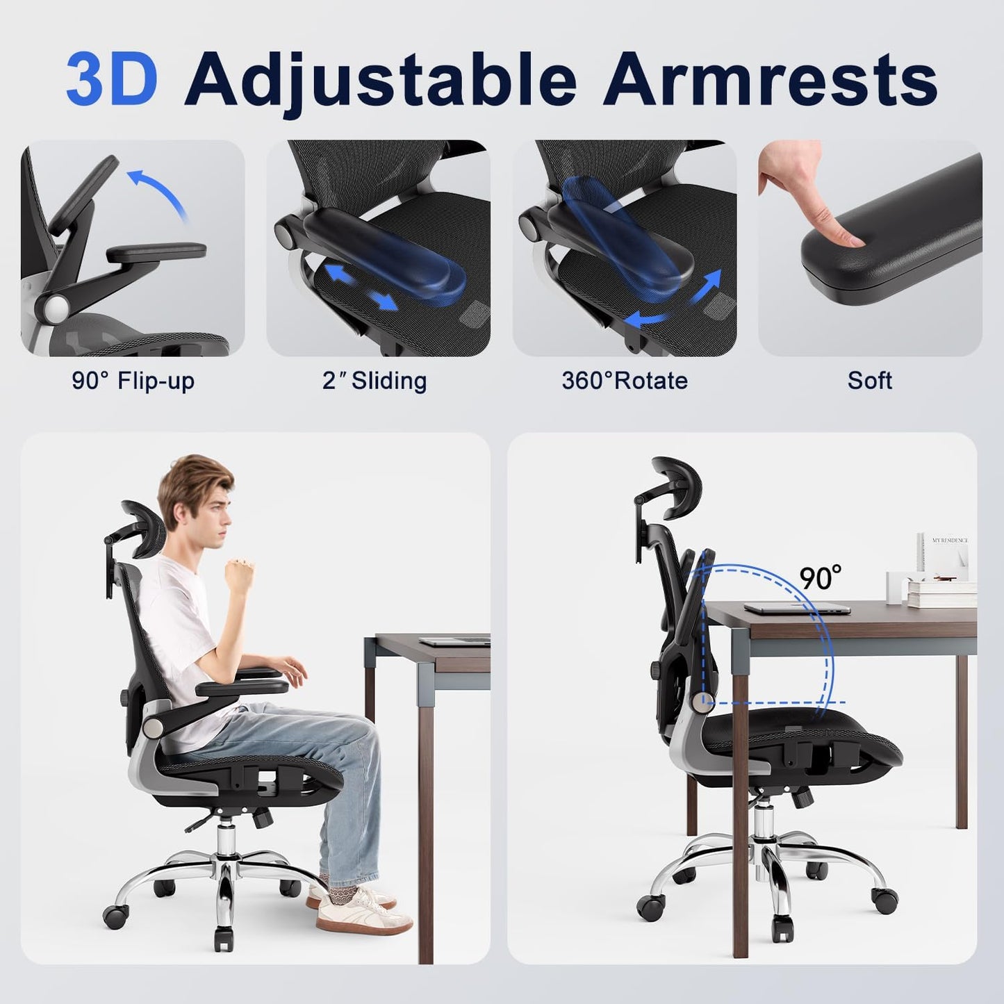 Ergonomic Office Chair,Mesh Seat Cushion with 3D Armrests and 3D Headrest, Adjustable Lumbar Support with Rocking Function, SGS Class 4 Gas Clylinder,Black