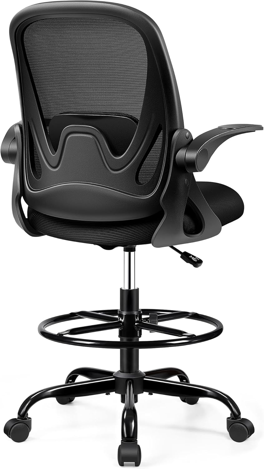 Primy Drafting Chair Tall Office Chair with Flip-up Armrests Executive Ergonomic Computer Standing Desk Chair with Lumbar Support and Adjustable Footrest Ring (Black)
