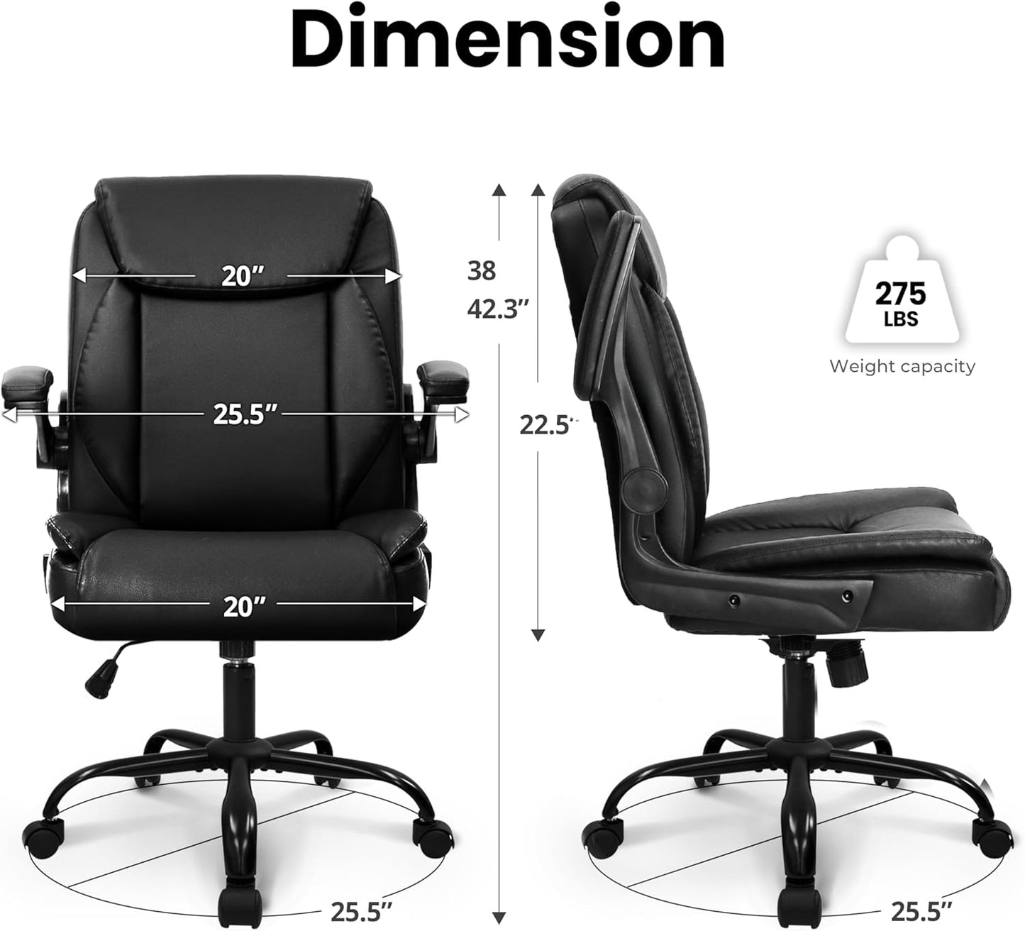 NEO CHAIR Office Desk Computer Chair Ergonomic Executive Mid-Back Leather Gaming Chair with Adjustable Flip-Up Armrests Wheels Swivel for Home Study Task (Jet Black)