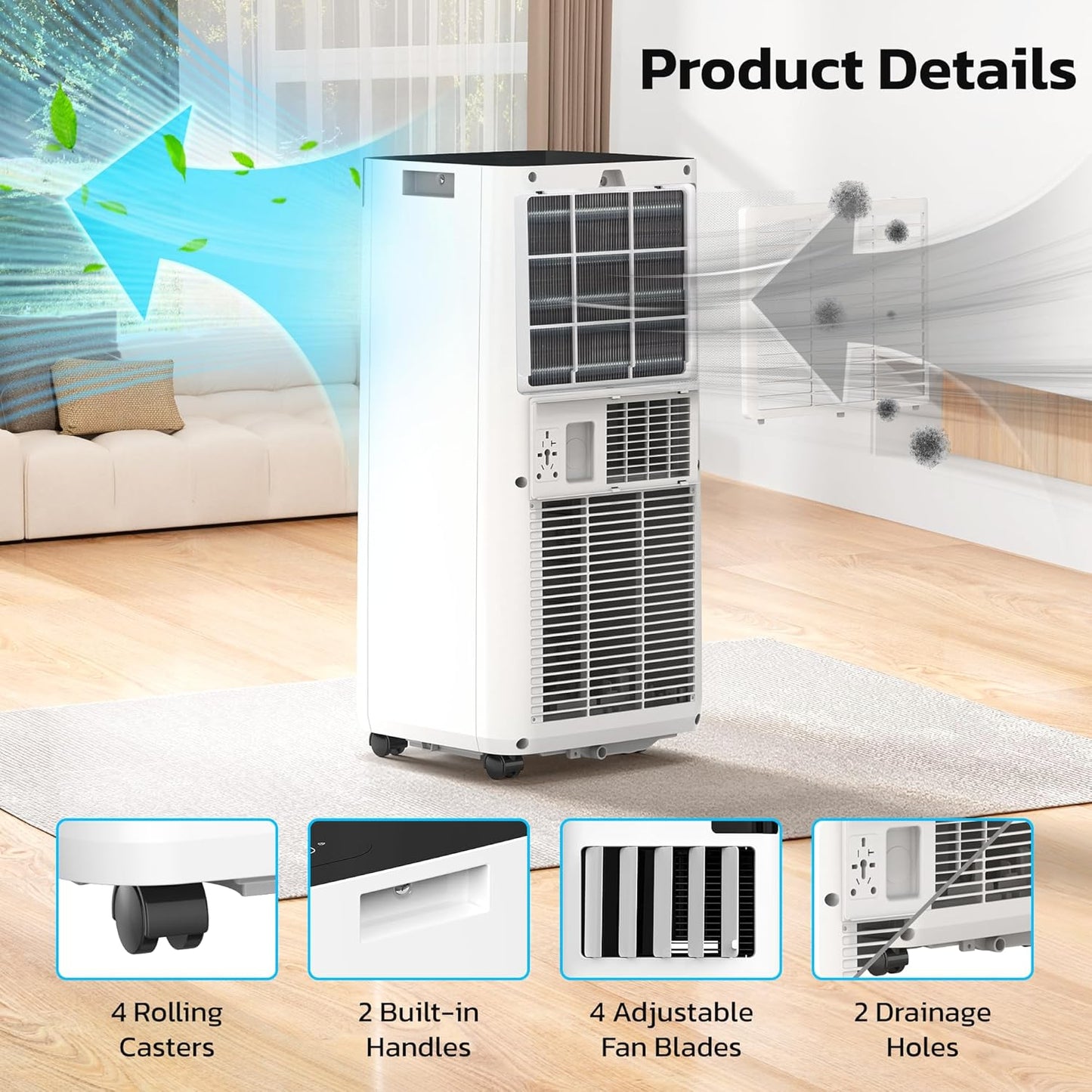 ZAFRO 8,000 BTU Portable Air Conditioners, 4 Modes Portable AC Unit with Fast Cooling/Energy Efficient/Remote/24Hrs Timer for Bedroom/Dorms/Indoor Rooms, White