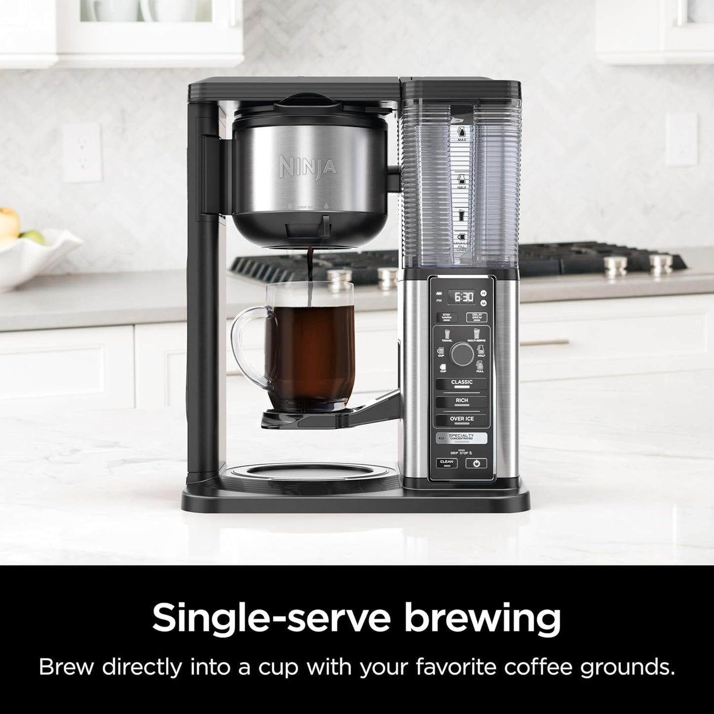 Ninja Specialty Coffee Maker, Hot & Iced Coffee, 6 Brew Styles, 8 Sizes, Small Cup to Travel Mug, 10-Cup Carafe, Fold-Away Frother, Permanent Filter, Removable Reservoir, Black, CM401