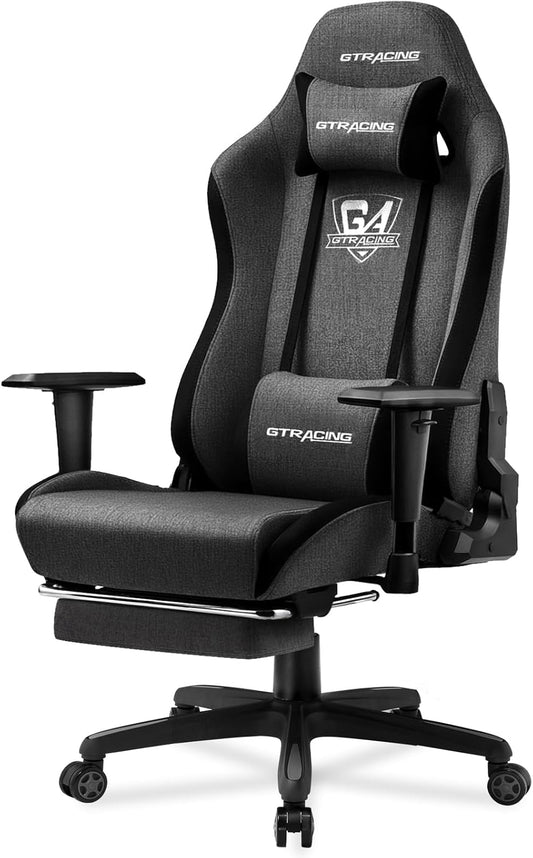 GTRACING Gaming Chair with Footrest, Ergonomic Office Chair with Breathable Fabric, 3D Armrests, 170° Recline Computer Game Chair, Adjustable Height & Swivel, Supports 350 lbs, Dark Grey