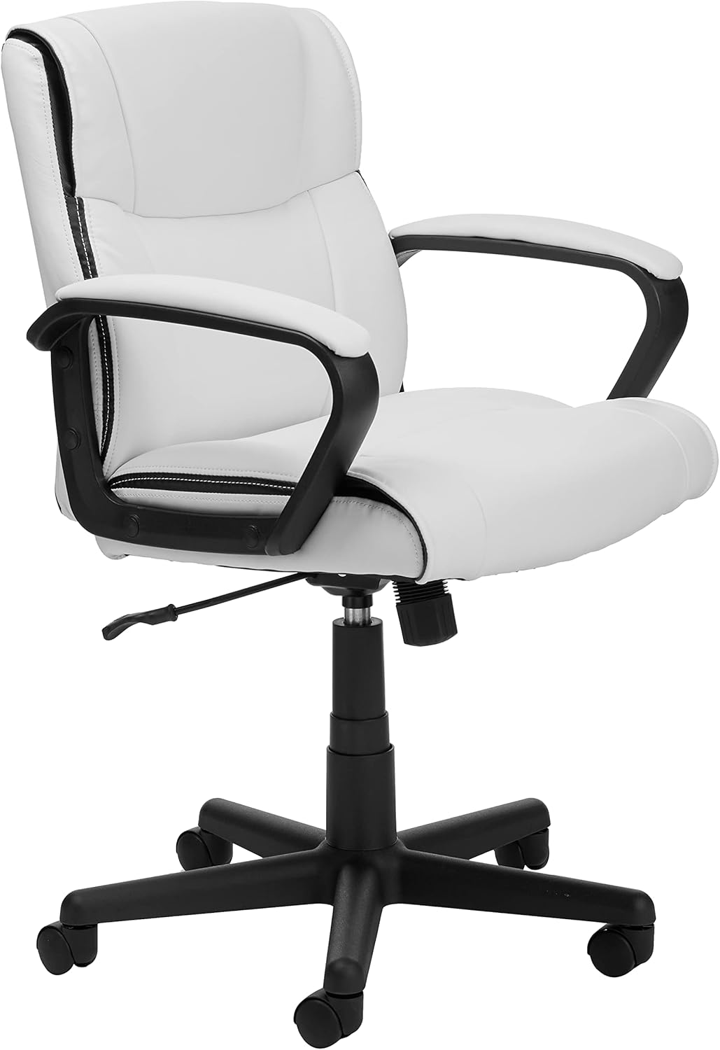 Amazon Basics Office Computer Task Desk Chair with Padded Armrests, Mid-Back, Adjustable, 360 Swivel, Rolling, 275 Pound Capacity, 24.2"D x 24"W x 34.8"H, Black Faux Leather
