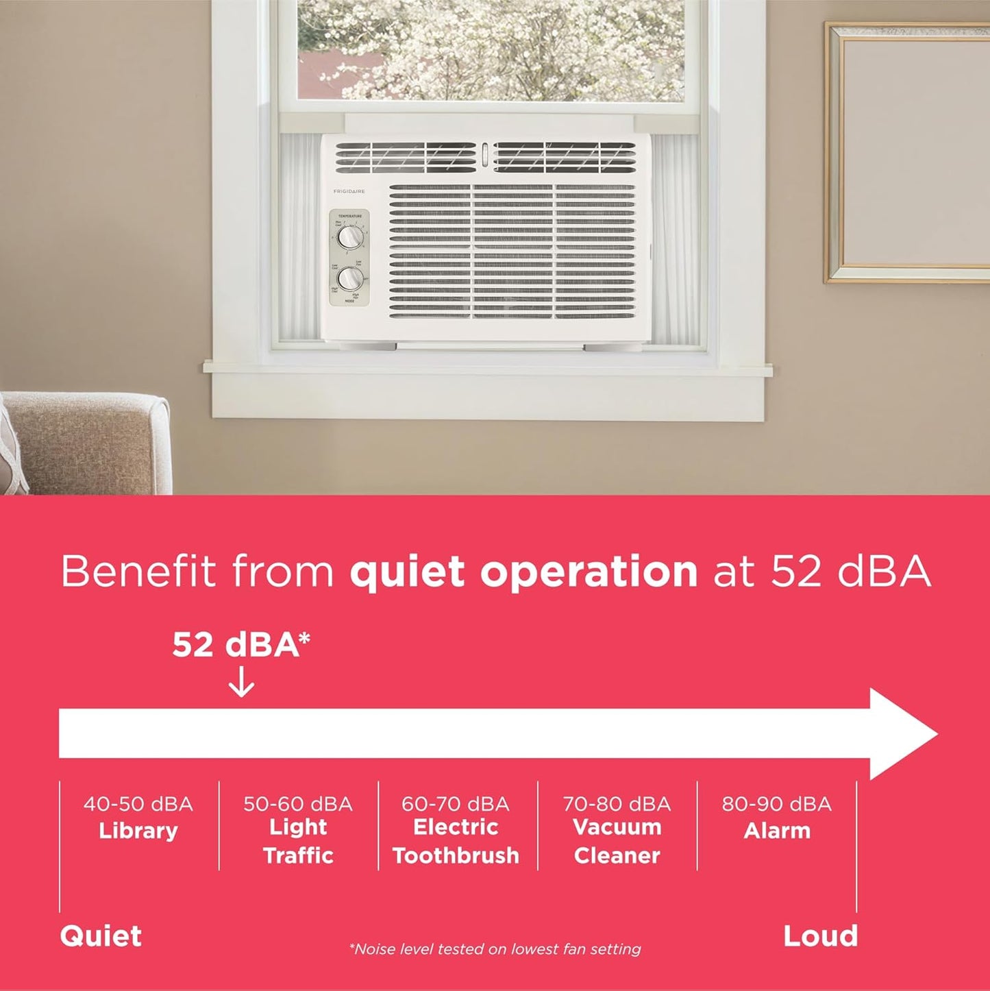 Frigidaire 5,000 BTU Window-Mounted Air Conditioner, Cools Up to 250 Sq. Ft., Quiet Operation, Effortless Temperature Control, 2 Fan Speeds, Auto Restart, White