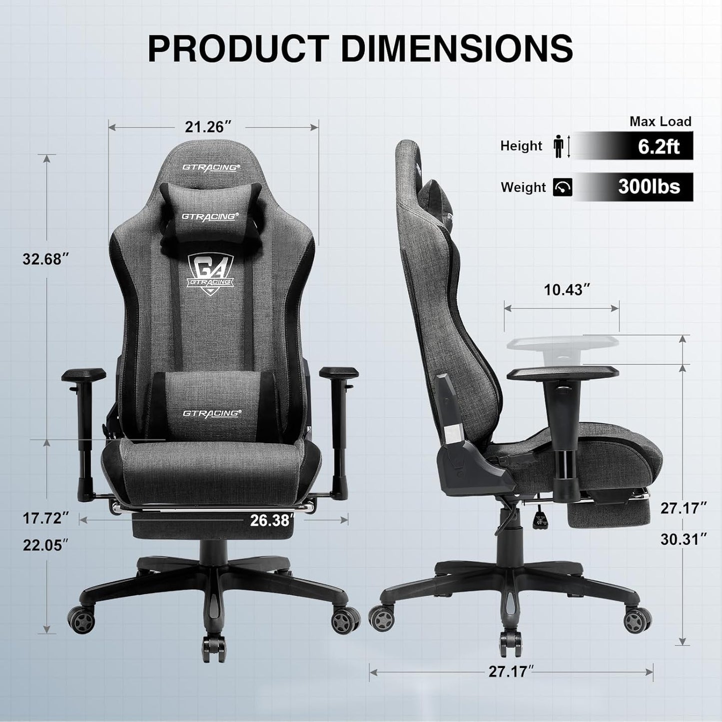 GTRACING Gaming Chair with Footrest, Ergonomic Office Chair with Breathable Fabric, 3D Armrests, 170° Recline Computer Game Chair, Adjustable Height & Swivel, Supports 350 lbs, Dark Grey