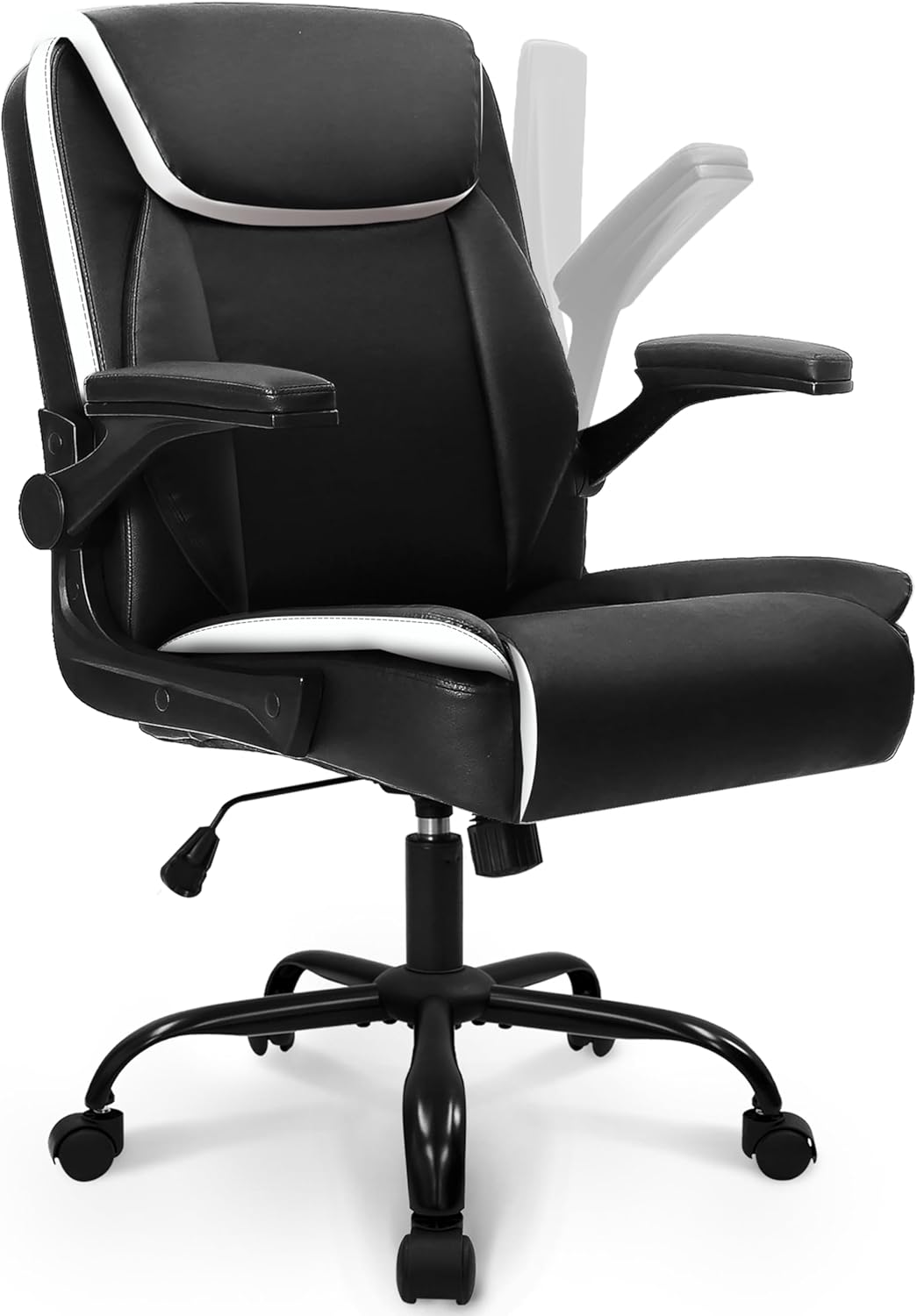 NEO CHAIR Office Desk Computer Chair Ergonomic Executive Mid-Back Leather Gaming Chair with Adjustable Flip-Up Armrests Wheels Swivel for Home Study Task (Jet Black)