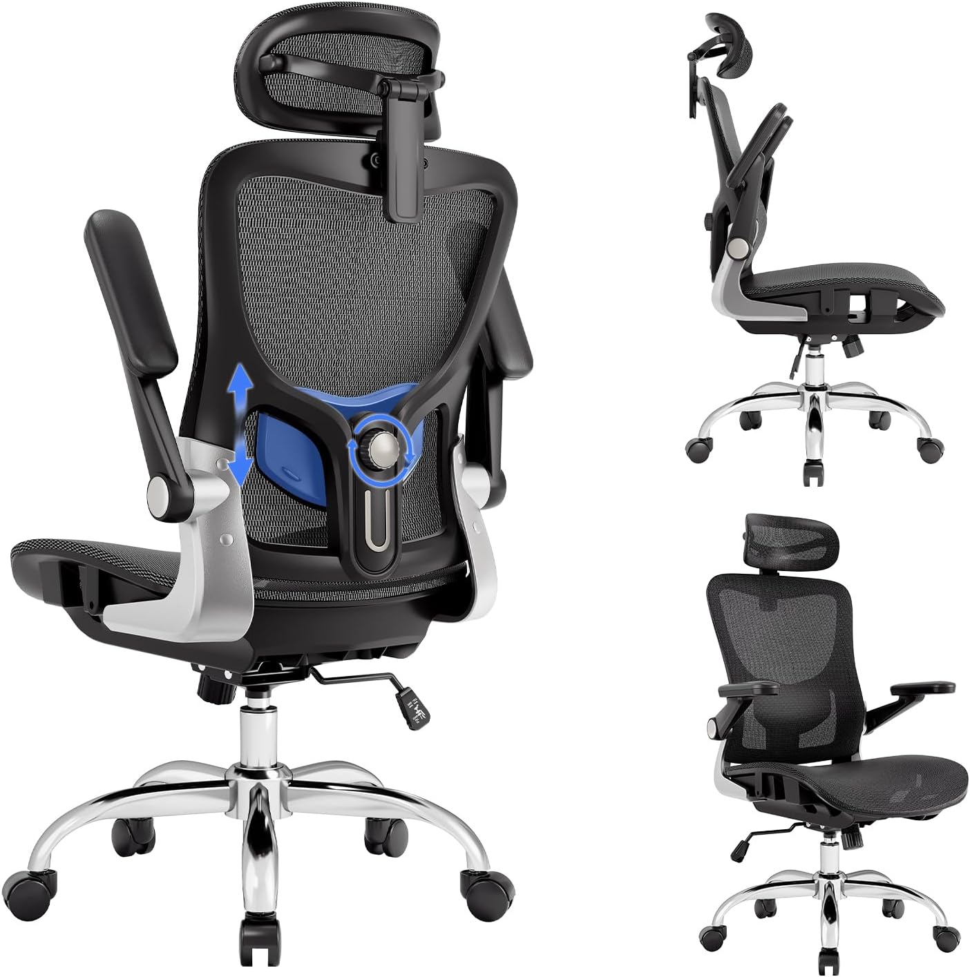 Ergonomic Office Chair，Mesh Seat Cushion with 3D Armrests and 3D Headrest, Adjustable Lumbar Support with Rocking Function, SGS Class 4 Gas Clylinder，Black