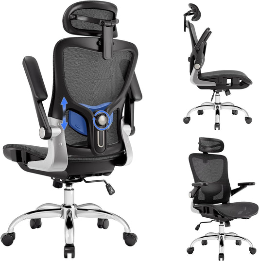 Ergonomic Office Chair，Mesh Seat Cushion with 3D Armrests and 3D Headrest, Adjustable Lumbar Support with Rocking Function, SGS Class 4 Gas Clylinder，Black