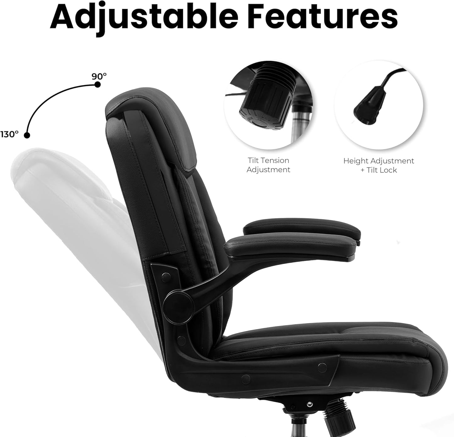 NEO CHAIR Office Desk Computer Chair Ergonomic Executive Mid-Back Leather Gaming Chair with Adjustable Flip-Up Armrests Wheels Swivel for Home Study Task (Jet Black)