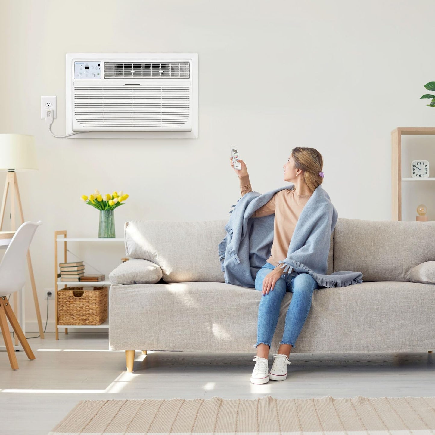 Keystone 8,000 BTU Wall Mounted Air Conditioner with Supplemental Heat and Dehumidifier Function, 115V, Wall AC for Small-Medium Sized Rooms up to 350 Sq.Ft. with Remote, Quiet, High Efficiency AC