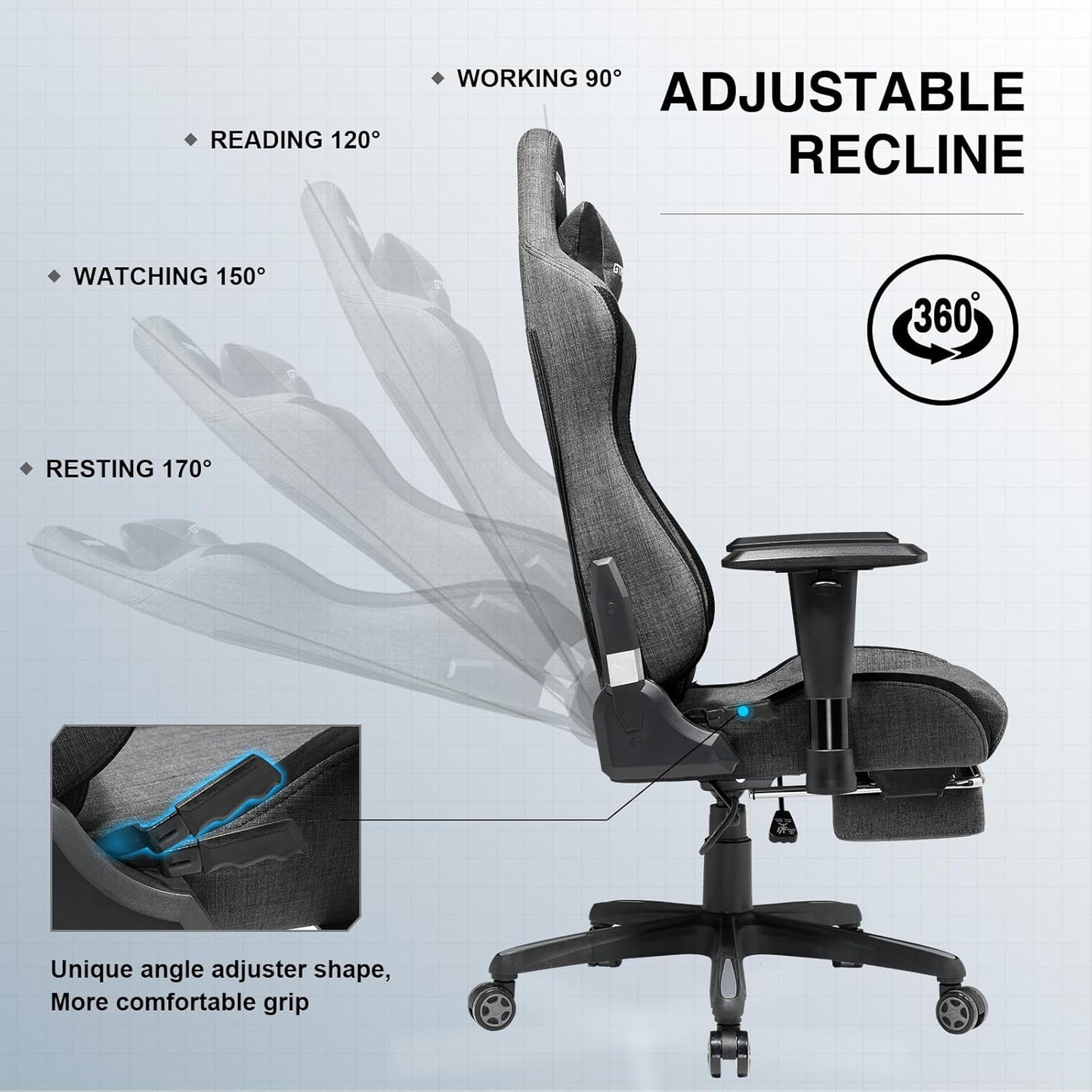 GTRACING Gaming Chair with Footrest, Ergonomic Office Chair with Breathable Fabric, 3D Armrests, 170° Recline Computer Game Chair, Adjustable Height & Swivel, Supports 350 lbs, Dark Grey