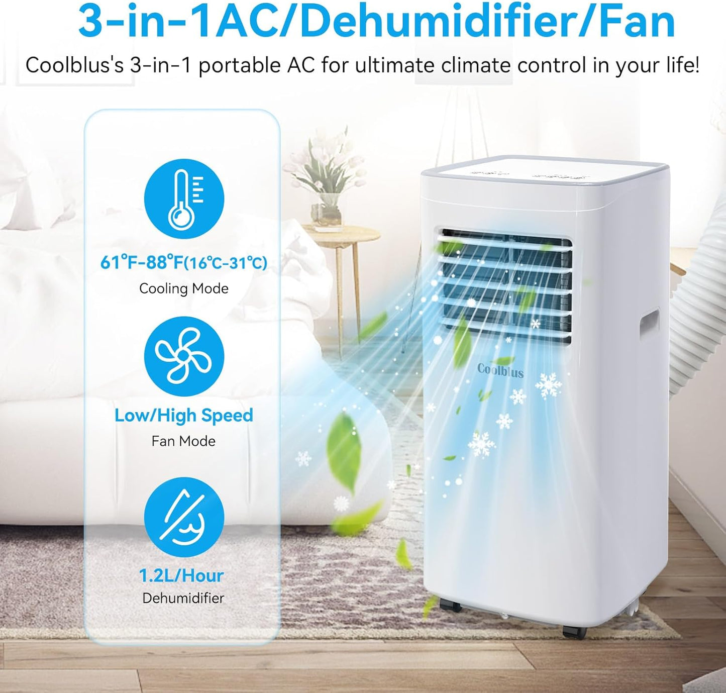 8500 BTU Portable Air Conditioners Cool Up to 360 Sq.Ft,3 IN 1 portable ac unit with Remote Control/LED Display/24Hrs Timer/Window Installation Kit & Screwdriver,White