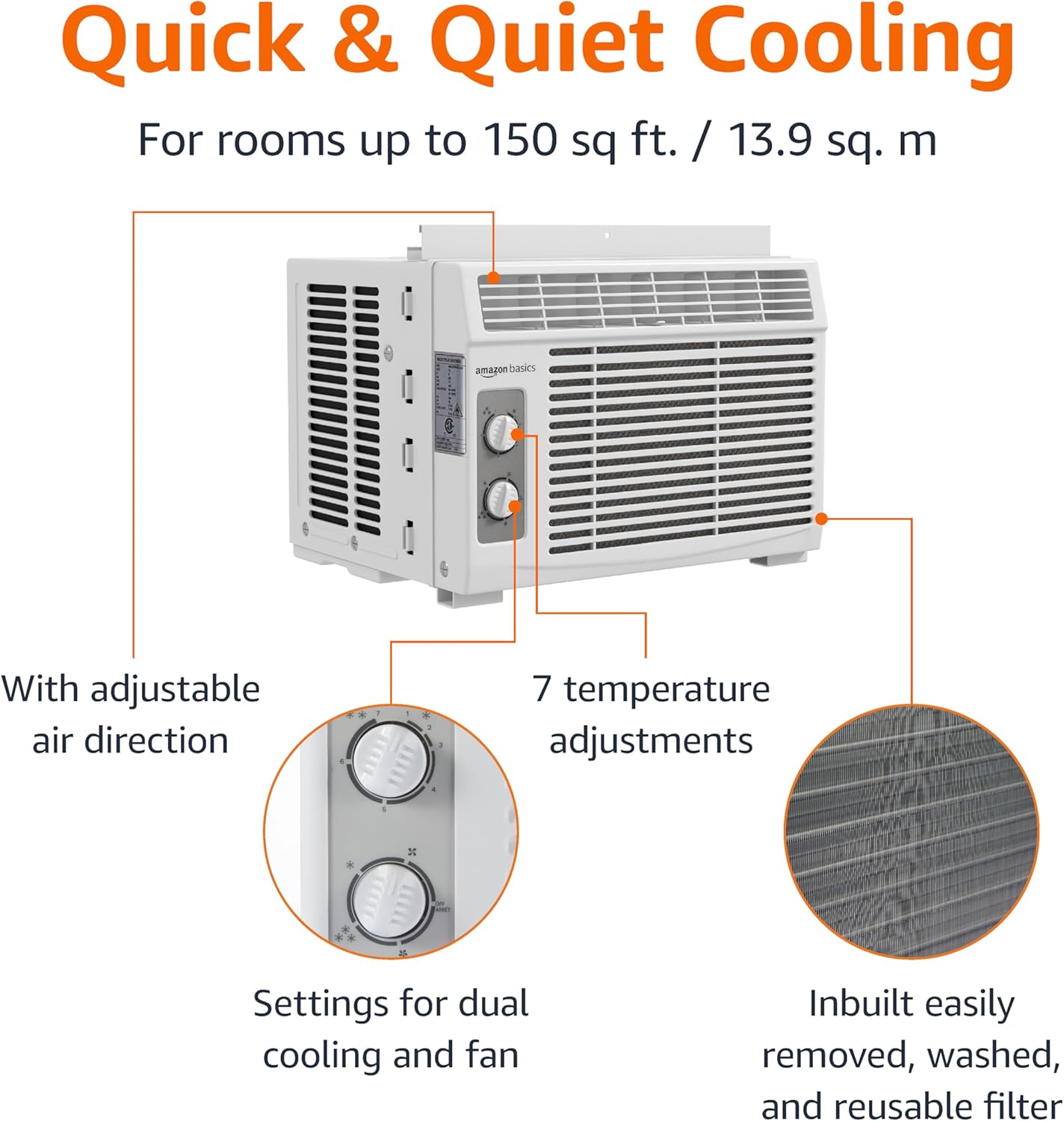 Amazon Basics 5000-BTU Small Window Air Conditioner, Up to 150 Sqf, Window AC Units with Cool and Fan Functions, Washable Filter, Adjustable Window Kit, Intuitive Mechanical Controls, White
