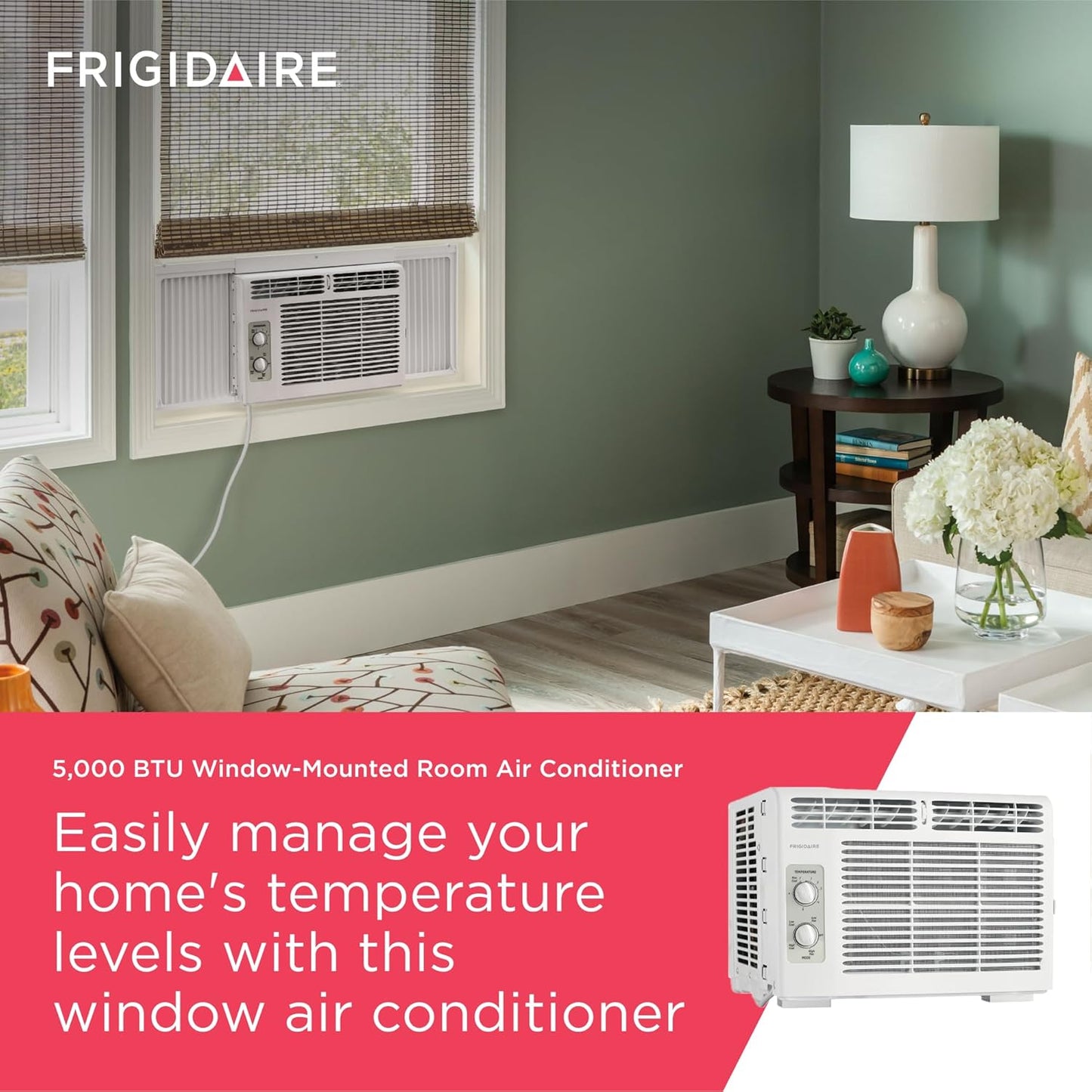 Frigidaire 5,000 BTU Window-Mounted Air Conditioner, Cools Up to 250 Sq. Ft., Quiet Operation, Effortless Temperature Control, 2 Fan Speeds, Auto Restart, White