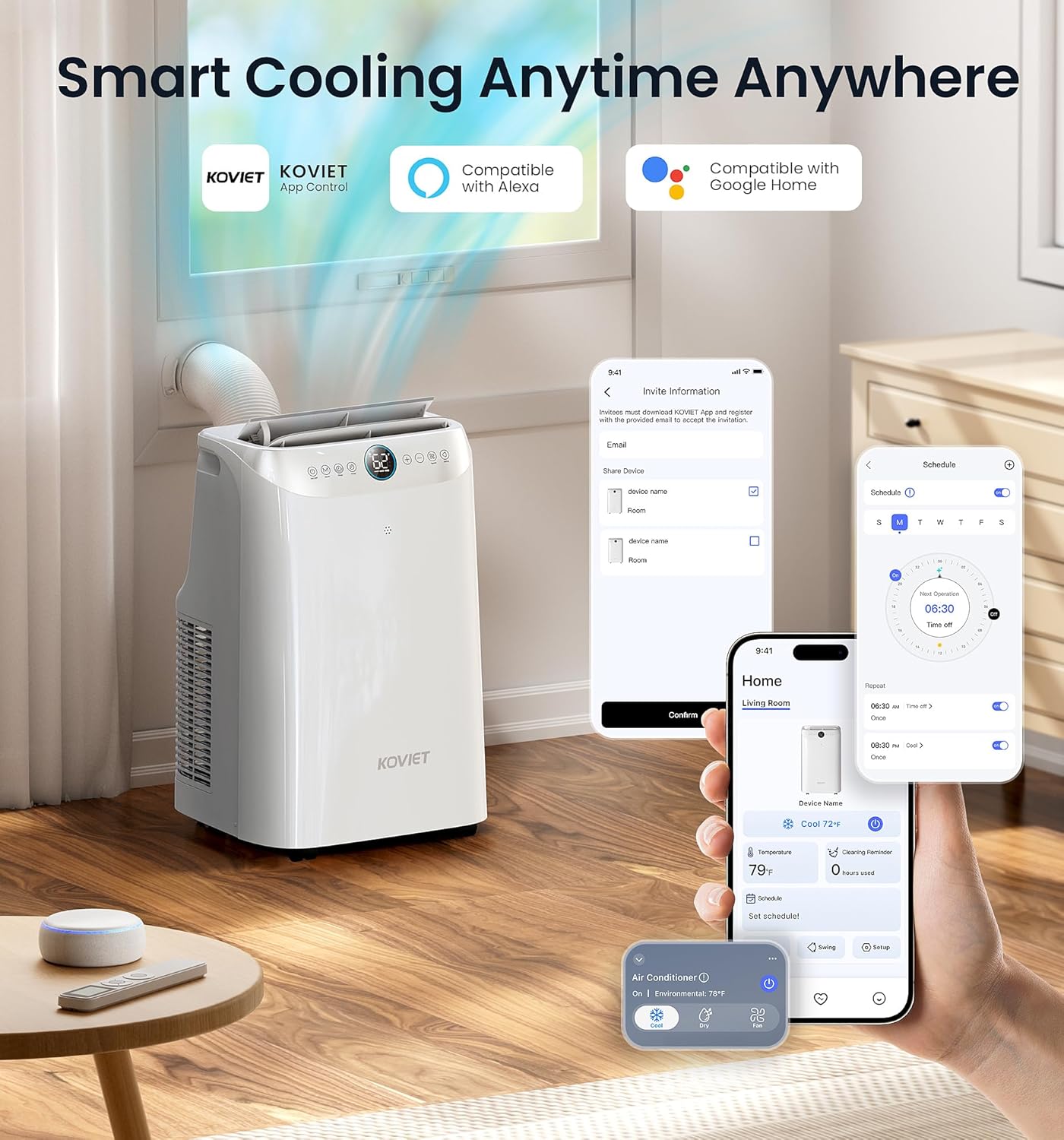 12000 BTU Portable Air Conditioners, 6-IN-1 Wi-Fi Smart AC Unit with APP & Voice & Remote Control, Auto-Evaporation, Quiet Cooling, 24H Timer, Dehumidifier, Fan, Window Kit Included, White