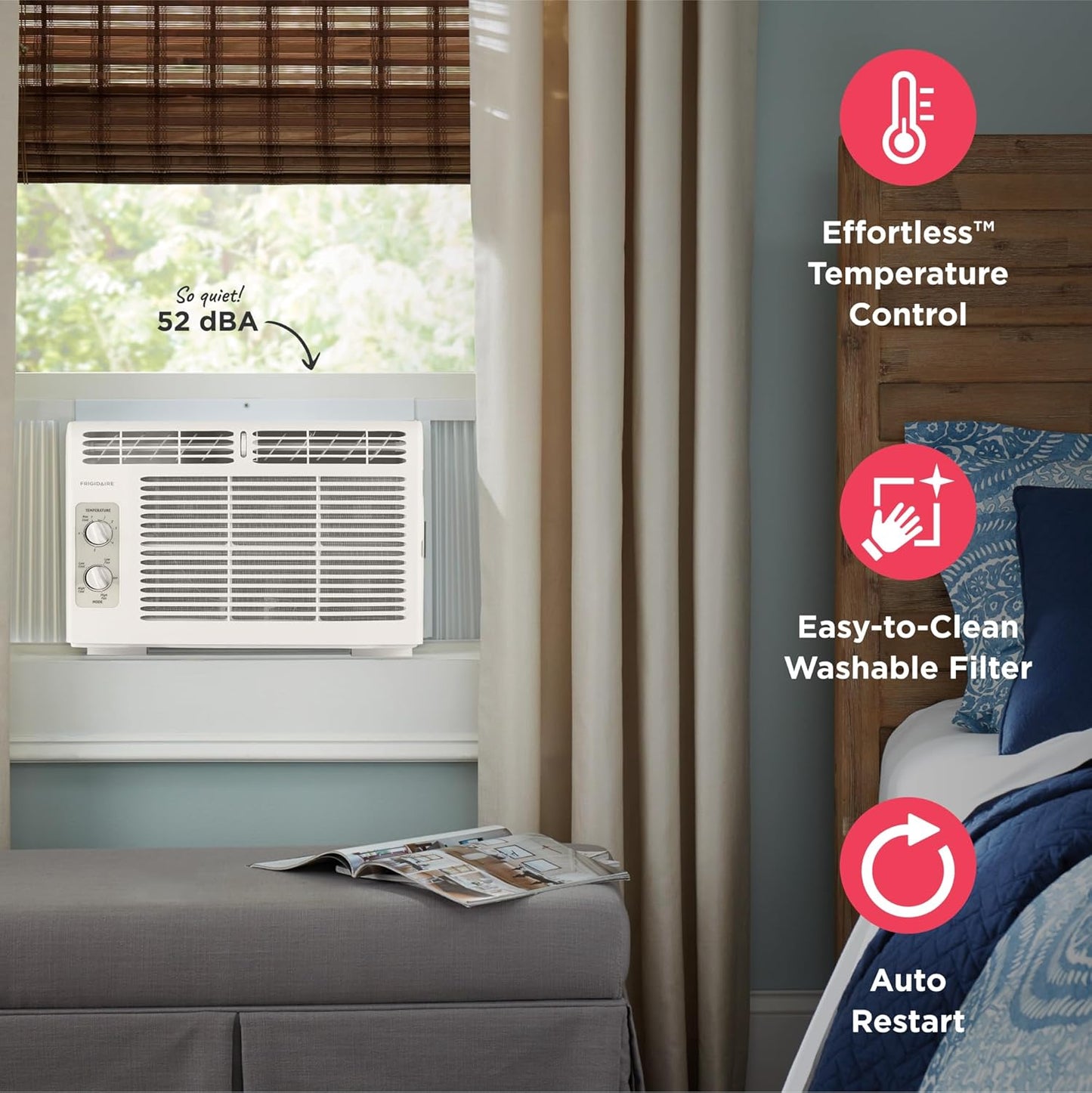 Frigidaire 5,000 BTU Window-Mounted Air Conditioner, Cools Up to 250 Sq. Ft., Quiet Operation, Effortless Temperature Control, 2 Fan Speeds, Auto Restart, White