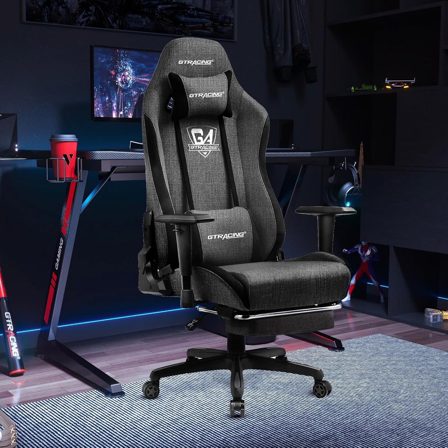 GTRACING Gaming Chair with Footrest, Ergonomic Office Chair with Breathable Fabric, 3D Armrests, 170° Recline Computer Game Chair, Adjustable Height & Swivel, Supports 350 lbs, Dark Grey