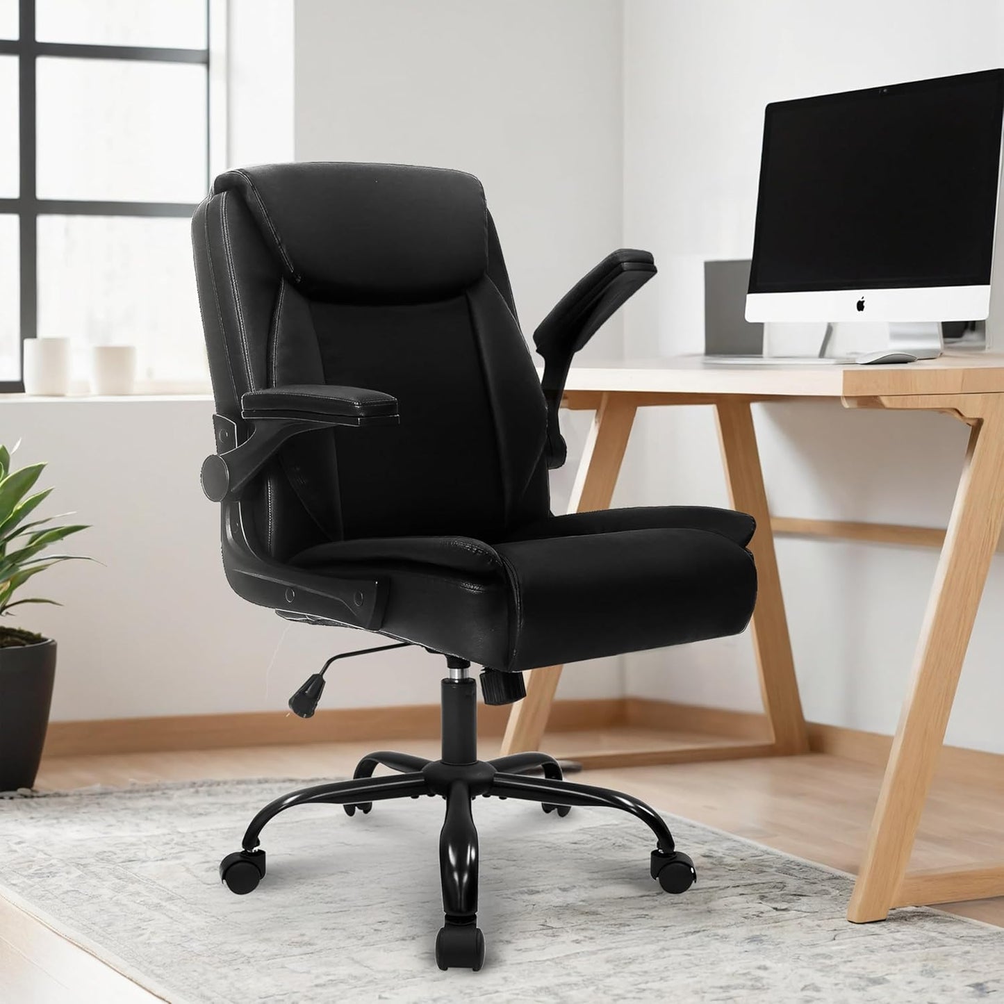 NEO CHAIR Office Desk Computer Chair Ergonomic Executive Mid-Back Leather Gaming Chair with Adjustable Flip-Up Armrests Wheels Swivel for Home Study Task (Jet Black)